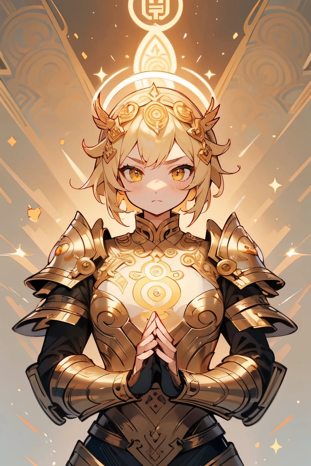 A woman in fantasy dragon armor, Gold crown, Composite Layered Chest Plate, Full shoulder and hand guards, Lightweight waist armor, Close-fitting shin guards, The overall design is sturdy, (Dragon Armor is a shiny gold color, There is a gold dragon pattern), Gives off a noble aura, Exquisite and mature cartoon art style, ((element, elegant, god, Masculine:1.5)), metallic, High resolution, Highest quality, High resolution, Very detailed, Ultra-fine painting, Very delicate, Professional, Anatomically correct, Symmetrical face, Very detailed目と顔, High quality eyes, creativity, RAW Photos, 超High resolution, 32K, Natural light, Cinema Lighting, masterpiece-anatomy-perfect, masterpiece:1.5, (One Woman) blonde, Yellow Eyes, short hair, Upper Body
