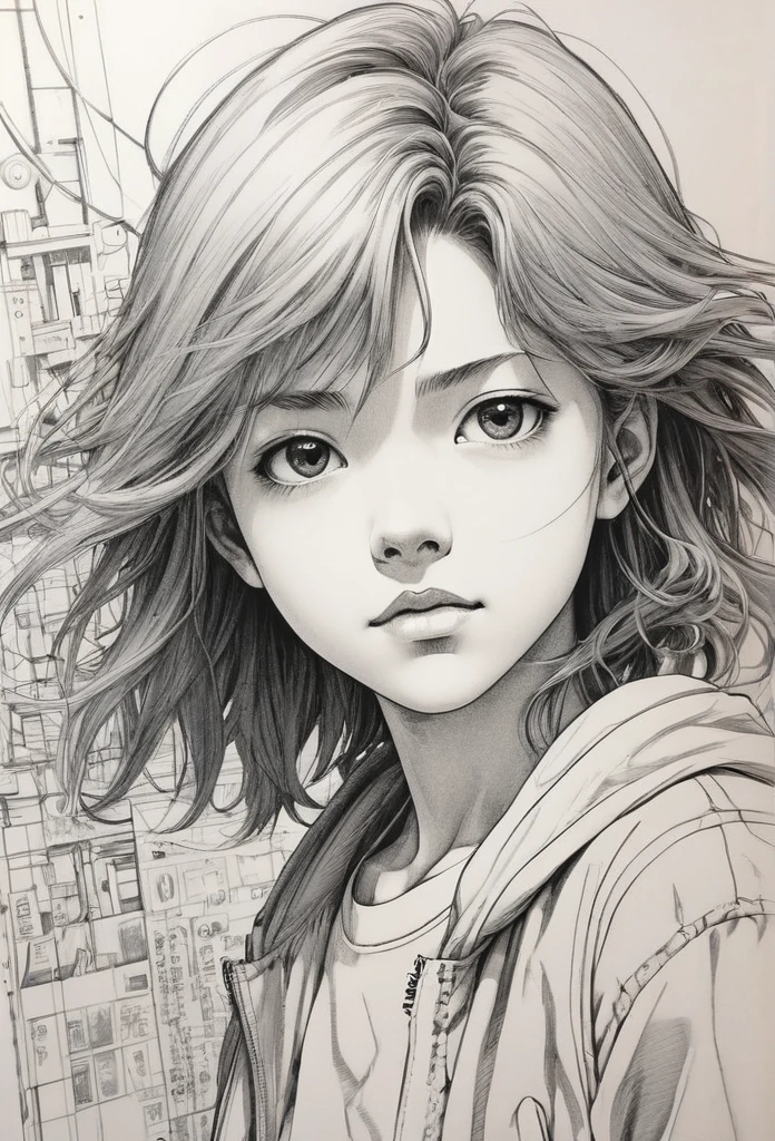 Anime line art, by Naoki Urasawa, sketch, best quality, masterpiece, very aesthetic, perfect composition, intricate details, ultra-detailed, B&W, rostro,mujer