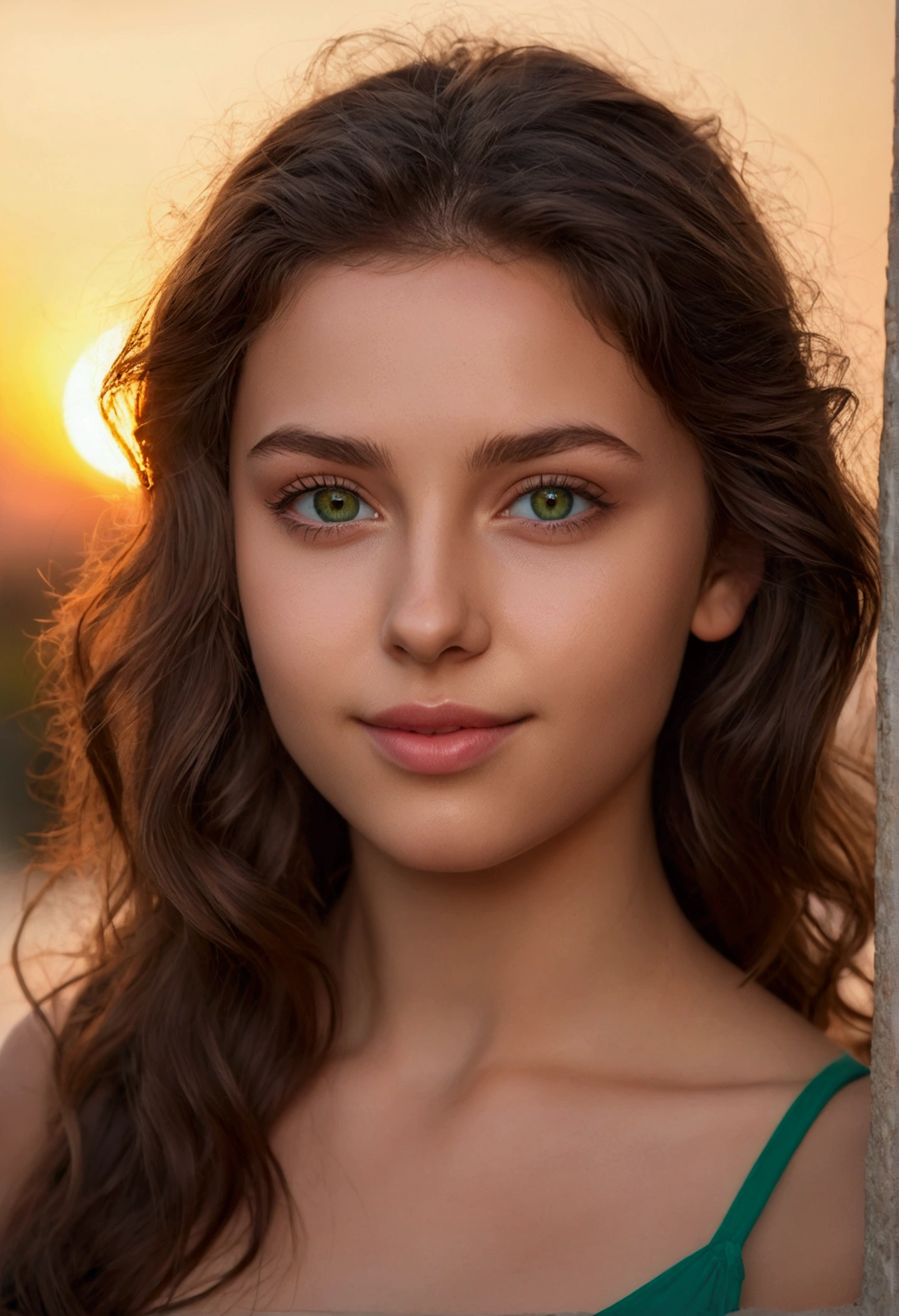 Beautiful Brunette (At Sunset), Highly Detailed, 21 Years Old, Innocent Face, Natural Wavy Hair, Green Eyes, High Resolution, Masterpiece, Best Quality, Intricate Details, Highly Detailed, Sharp Focus, Detailed Skin , Realistic skin texture, texture, Detailed eyes, professional, 4k, Charming smile, filmed in Canon, 85 millimeters, shallow depth of field, Kodak Vision color, perfectly fitted body, extremely detailed, photorealistic, realistic, Post-processing, A maximum details, roughness, real life, ultra realistic, photorealism, photography, 8k uh, photography, flirts with the camera, looking directly at the camera, open face, straight hair, European girl