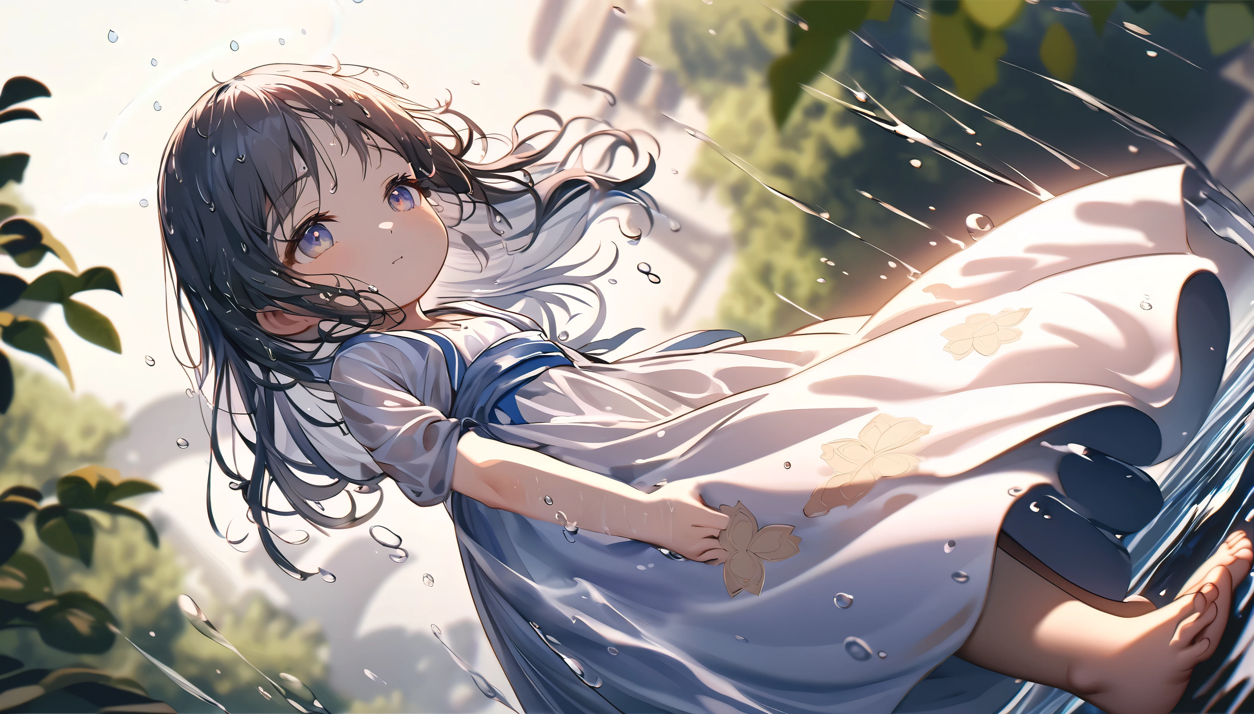 (full body), (solo), (A :1.2), (very young little girl), loli, (Solo), (l breast), (wide angle), raw photo, Aesthetic, Convoluted, Awarded, chiaroscuro, Best Quality, Detailed background, (Misty atmosphere:1.2), (hard rainy day:1.1),((Girl in very long white hanfu dress:1.2)), large white silk dress, long white hanfu with a silk texture, best wrinkles, real wrinkles, best shadows, (wet, wet body, wet hair, wet skin, very wet white dress, reflection on the wet dress, delicate cherry blossom embroidery, subtle water droplets:1.15), (water spray:1.1), The rain pours down in a silver curtain, enveloping the scene in a soft, shimmering glow. The little girl, a vision of purity, is clad in a gorgeous white long skirt, the fabric now soaked through, clinging to her form like a second skin. The once crisp and airy material is now heavy with rain, its transparency revealing the contours of her body as she moves. Her hair, dark against the white of her skirt, falls in wet strands, framing her face like a frame to a portrait. The rain has painted her with a natural beauty, the droplets catching on her lashes, her cheeks flushed with the coolness of the rain. Barefoot, she dances on the rain-kissed earth, her feet leaving imprints in the damp soil. Each step is a whisper, a secret shared between her and the sacred ground beneath her. The earth responds, the scent of wet earth rising to meet the rain's fresh scent. Her white skirt, now translucent with the rain, flows with her movements, the hem fluttering like wings as she spins. The fabric catches the light, casting a soft glow around her, as if she is dancing within a halo of moonlight. The raindrops fall in rhythm with her dance, each drop a note in the symphony of the moment. The sound of rain on leaves, the soft patter on the ground, they all blend into a harmonious melody, accompanying her silent song.