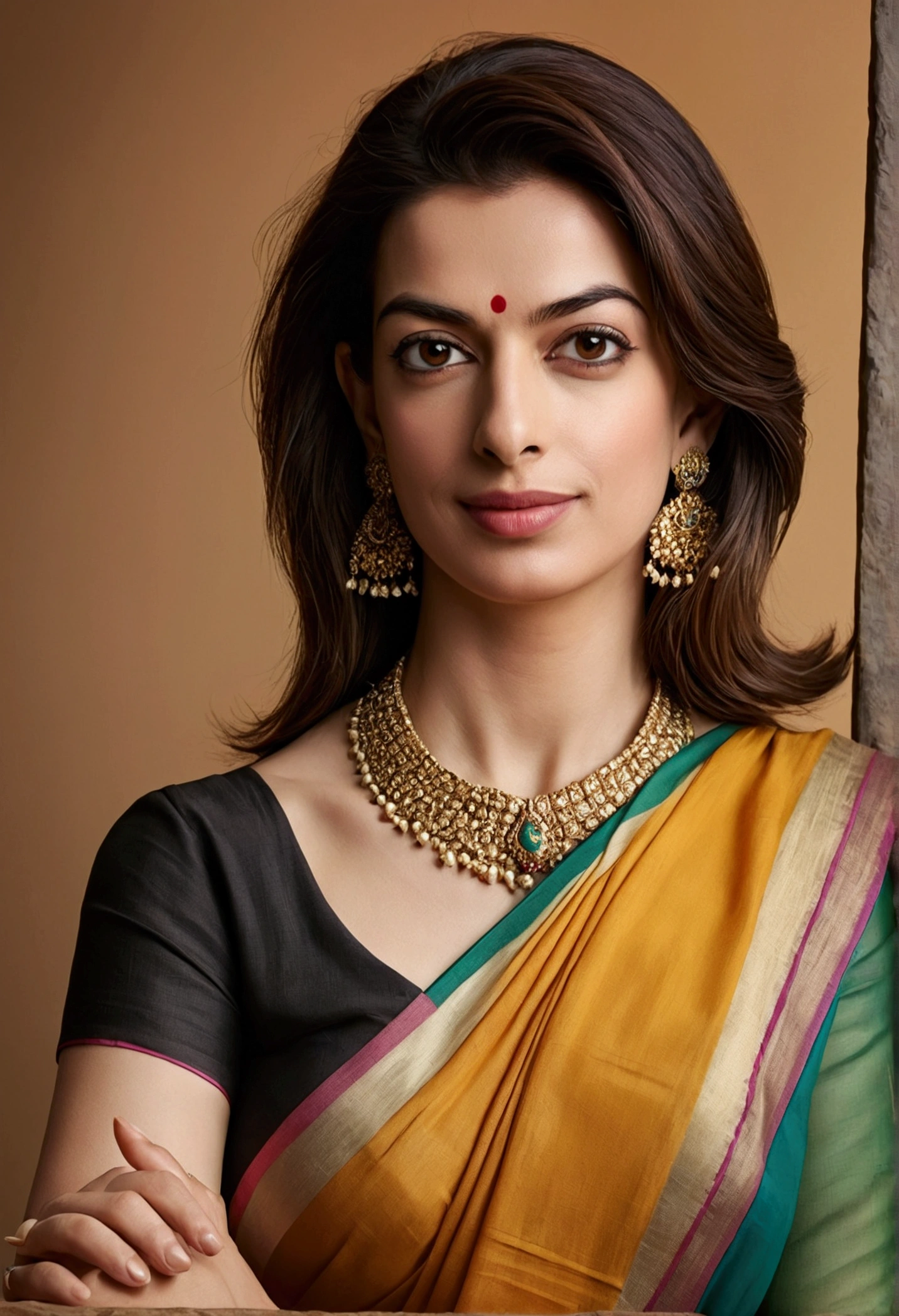 Vertical portrait of a stunning Indian caucasian in her 30s, dressed in a sun-kissed multicolor saree, exuding confidence and determination. Her Trendsetter wolf-cut brown hair falls softly around her face, framing her striking features. Anne Hathaway-esque charm radiates from her soft smile and full lips, which seem to hint at a thousand secrets. Her black eyes gleam with intensity, as if plotting the next big move in the corporate world - she's a CEO, after all. The sleek, modern composition is set against a smooth, colorized background, emphasizing her sharp jawline and chiseled features. Every detail, from the subtle highlights on her hair to the delicate folds of her saree, is rendered with hyper-realistic precision, making this digital art piece truly breathtaking.