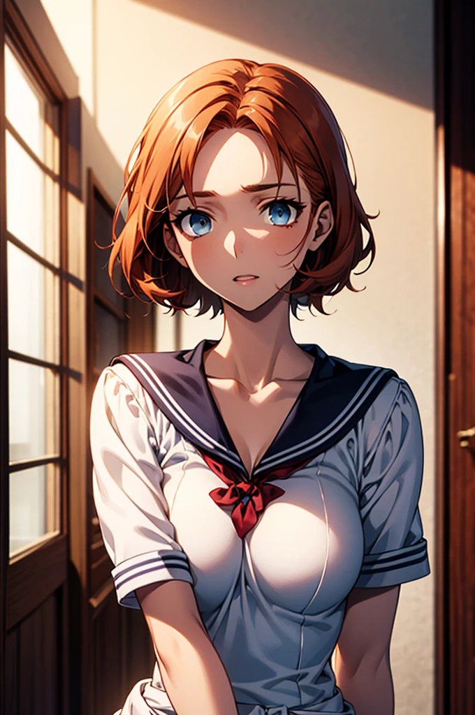 Masterpiece,Highest quality,8k,Ultra-high resolution,appropriate margins,lighting,Depicted from the waist up,BREAK,(1 person),Very beautiful school girl,Slim body,(The richest big breasts),Deep cleavage,Moisturized Skin,BREAK,(Orange Hair),Forehead,mascara,Red eyeliner,Light pink lip,Thin teak,Thin eyebrows,BREAK,Light blue eyes,BREAK,Bright expression,Open your mouth a little,BREAK,Short Hair,Unshaven,BREAK,(Sailor suit),(),BREAK,Eye contact