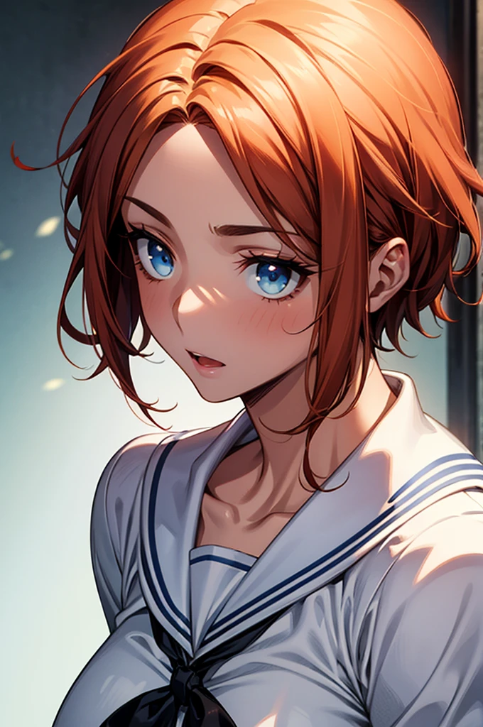 Masterpiece,Highest quality,8k,Ultra-high resolution,appropriate margins,lighting,Depicted from the waist up,BREAK,(1 person),Very beautiful school girl,Slim body,(The richest big breasts),Deep cleavage,Moisturized Skin,BREAK,(Orange Hair),Forehead,mascara,Red eyeliner,Light pink lip,Thin teak,Thin eyebrows,BREAK,Light blue eyes,BREAK,Bright expression,Open your mouth a little,BREAK,Short Hair,Unshaven,BREAK,(Sailor suit),(),BREAK,Eye contact