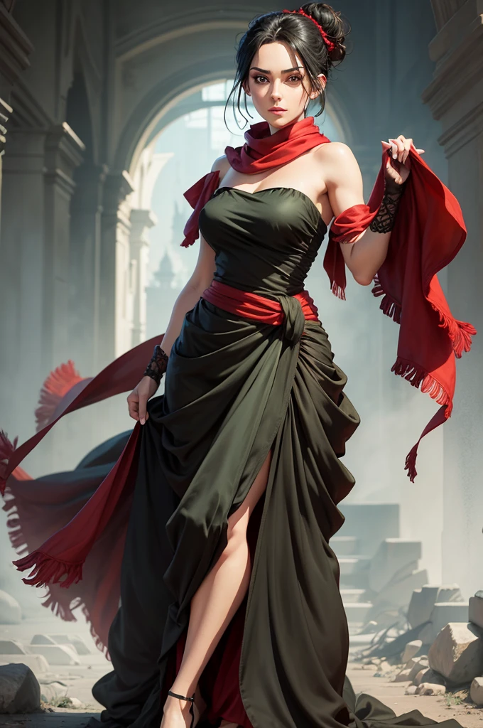 fullbody view, female, intense green eyes, black hair tied to a bun, strapless full dress, red scarf around her neck, flowy arm sleeves, silk gloves, a fabric is wrapped around her waist