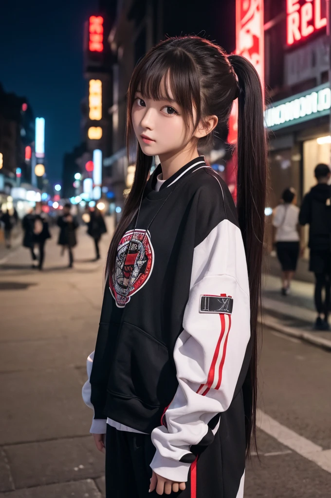 masterpiece, Highest quality, Hu Tao V4, One girl, alone, blush, Twin tails, Long Hair, Hair between the eyes, ((Streetwear)), city, Outdoor, night, Movie Posters, Extremely detailed 8K, Smooth, High resolution, super high quality, Sex
