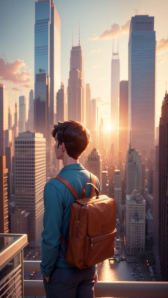 A Pixar-style man standing at the city having tall buildings looking out over a beautiful sunrise, in the midst of crowd 
The animation style should resemble Pixar's realistic and detailed human forms, with vibrant colors and textures. Sharp vintage image. 