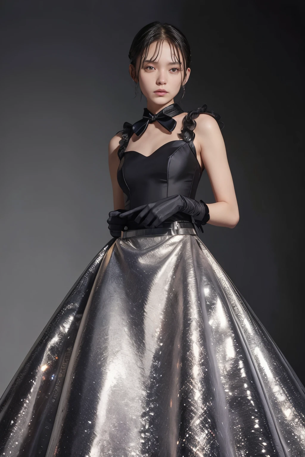 Fabric: Jet black leather combined with soft, dark silk.
Design: A high-collared, sleeveless gown with a fitted bodice and a flared, multi-layered skirt. The skirt has panels that reveal an underlayer of shimmering silver fabric.
Details: The bodice is adorned with angular, silver piping and the waist features a wide belt with a large, glowing red gem in the center. The back of the gown has a dramatic train.