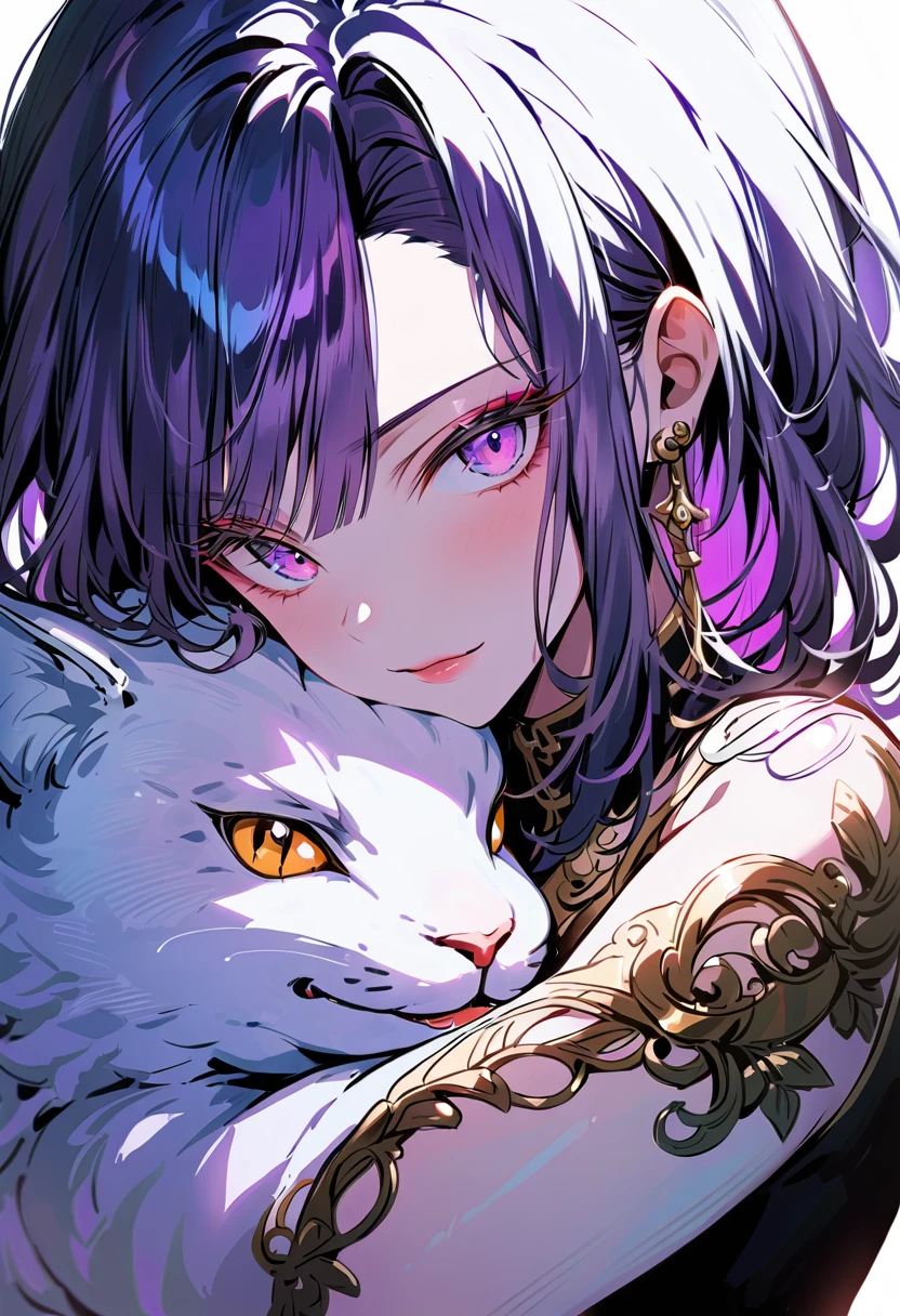 (Highest quality,Very detailed,High resolution:1.2),beautiful woman with perfect face,very_Long eyelashes, Detailed lips, A radiant smile, Soft Skin, Shiny Hair,Exquisite makeup,Heavy bangs，Hug a cat
