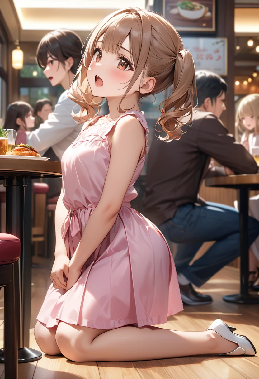 Highest quality, masterpiece, Ultra-high resolution, Realistic:1.2, RAW Photos, Intricate details, Portraiture,　Big beautiful brown eyes:1.2, Perfect contours, Perfect proportions:1.2, One Girl, break　((full body:1.2, ((from side:1.2)), (front shot:1.2), looking away:1.2)), ((petite, short, tiny girl:1.2)), Light Brown Hair、((long hair, twintails:1.2)), (makeup:1.2, full lips:1.3, pink lips:1.3, shiny lips:1.3, parted lips:1.2), (Talk to a food delivery robot:1.2), ((Silk sleeveless shirt:1.2, Silk skirt, Low heels)), break　((Raise your arms parallel to each other、Kneeling on the floor、Leaning forward:1.2))、(Angry expression:1.2、Open your mouth to the middle), (The background is a family restaurant:1.2、Several guests are dining), (empty-handed)