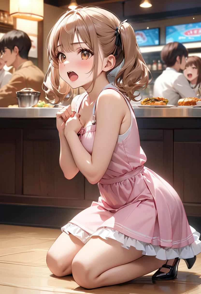 Highest quality, masterpiece, Ultra-high resolution, Realistic:1.2, RAW Photos, Intricate details, Portraiture, Big beautiful brown eyes:1.2, Perfect contours, Perfect proportions:1.2, One Girl, break ((full body:1.2, ((from side:1.2)), (front shot:1.2), looking away:1.2)), ((petite, short, tiny girl:1.2)), Light Brown Hair、((long hair, twintails:1.2)), (makeup:1.2, full lips:1.3, pink lips:1.3, shiny lips:1.3, parted lips:1.2), (Talk to a food delivery robot:1.2), ((Silk sleeveless shirt:1.2, Silk skirt, Low heels)), break ((Raise your arms parallel to each other、Kneeling on the floor、Leaning forward:1.2))、(Angry expression:1.2、Open your mouth to the middle), (The background is a family restaurant:1.2、Several guests are dining), (empty-handed)