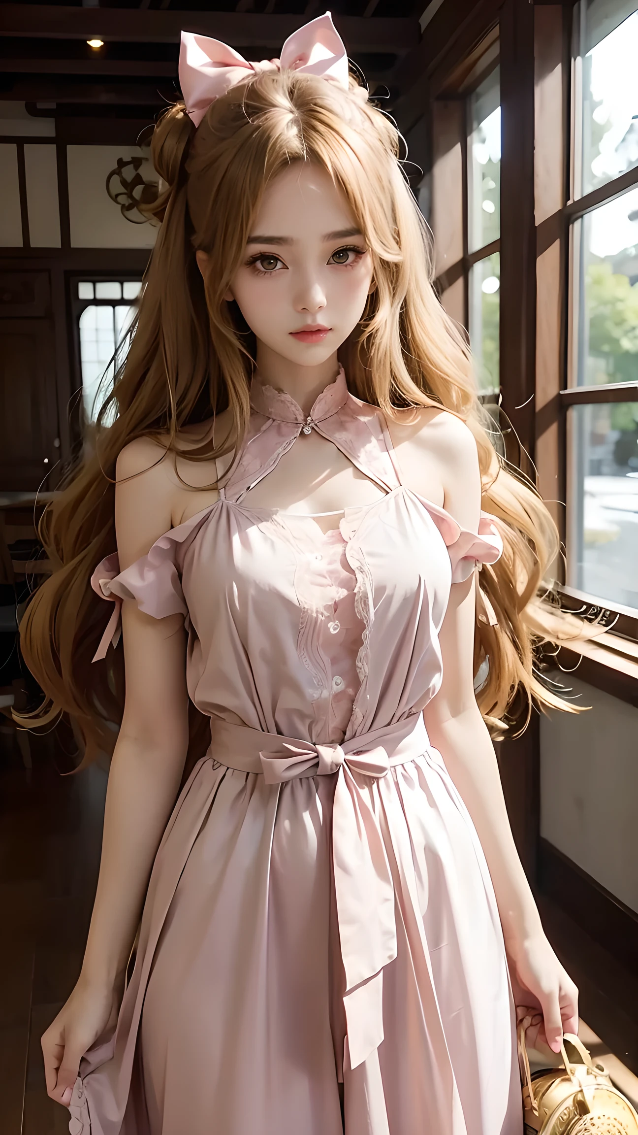Anime girl with wavy golden hair and brown eyes wearing an antique light pink and a bow at her waist