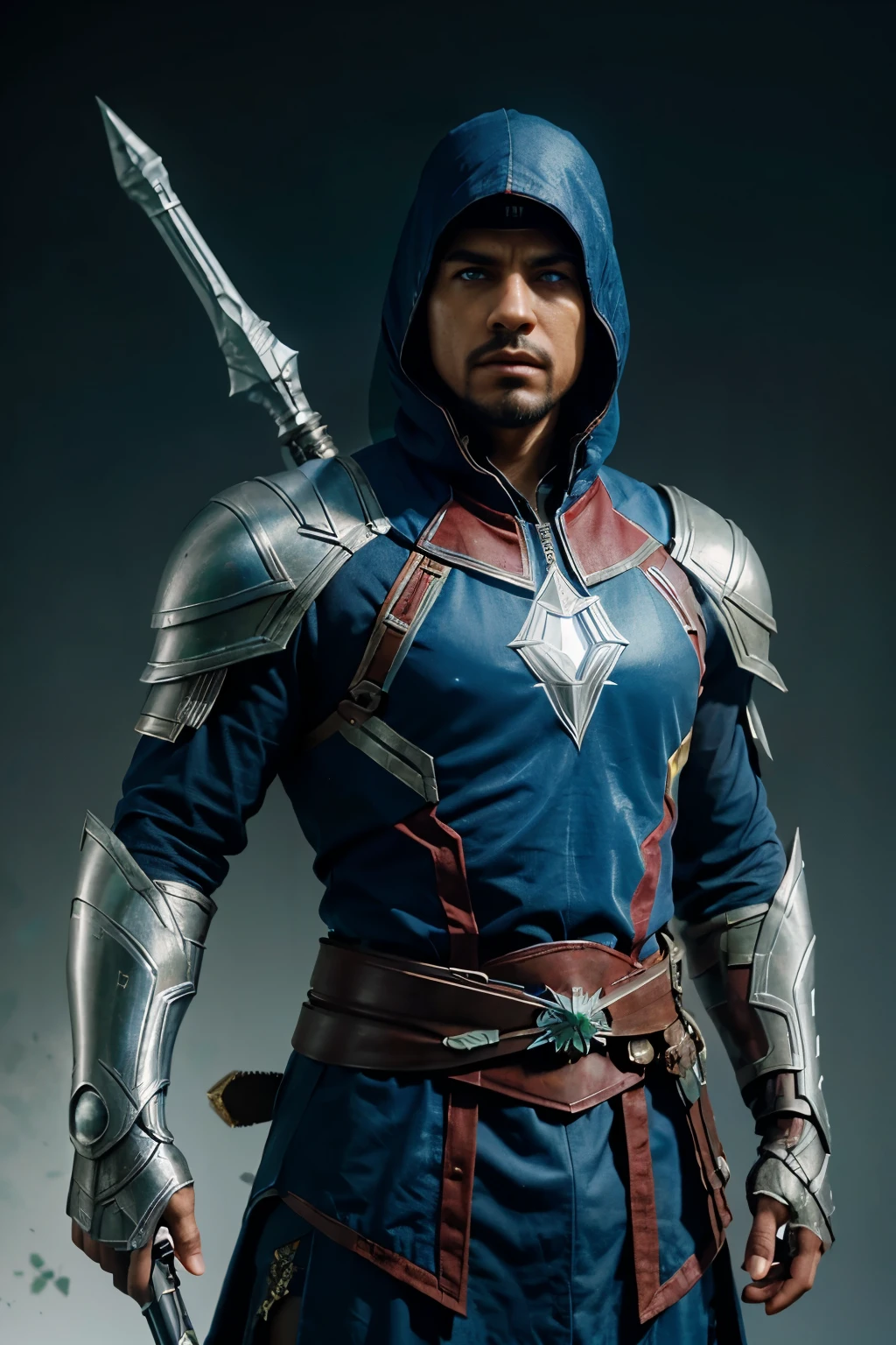 man, metallic face, warrior in cobalt armor, iron man style, assassin's creed, futuristic, with futuristic hi-teh wizard's staff on green background