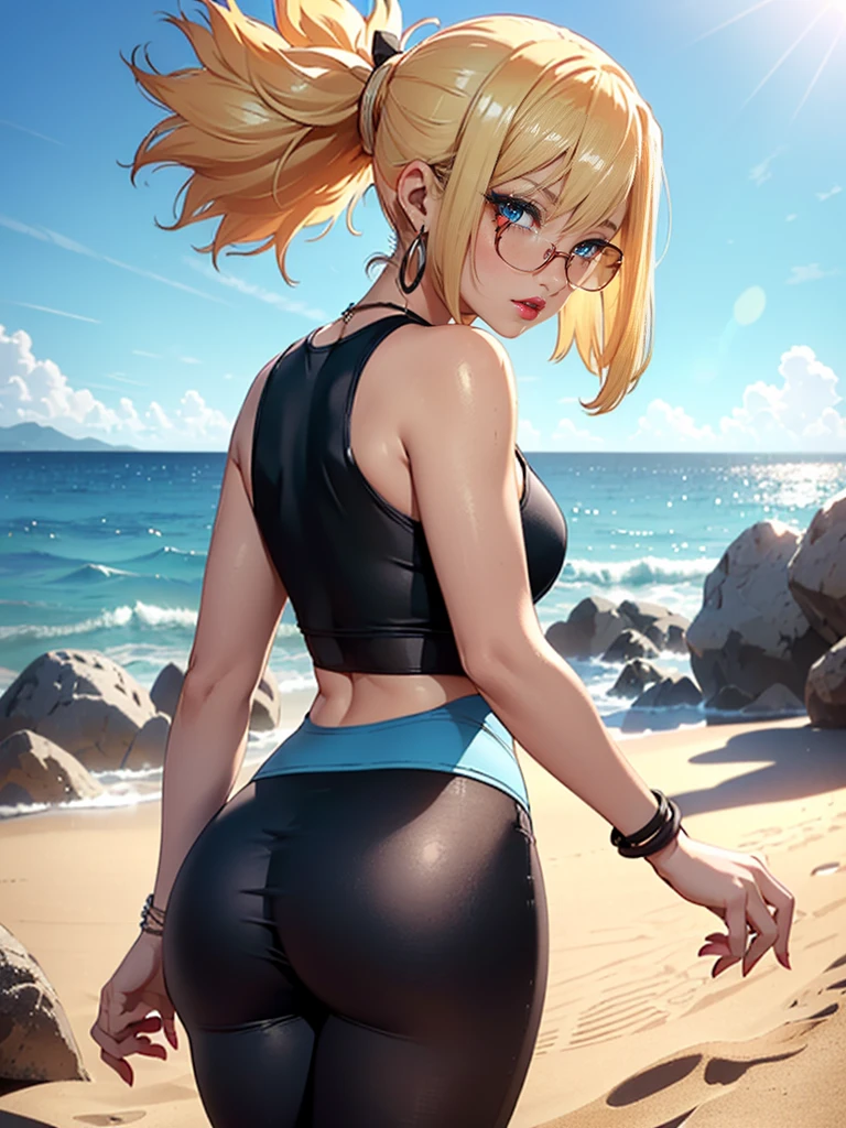 ((1woman, (solo, 1girl, alone), kohaku, blonde hair, ((red glases))blue eyes, tied hair)), med large ass, ((solo, (1woman, red lipstick), Extremely detailed, ambient soft lighting, 4k, perfect eyes, a perfect face, perfect lighting, a 1girl)), austere, (red and black tank top, gym top, leggings, black lycra pants, printed pants,red and black sneakers, ((looking back, looking at the viewer)), ocean in the background, sand, sunny day, bracelets, earrings, large blue ocean))