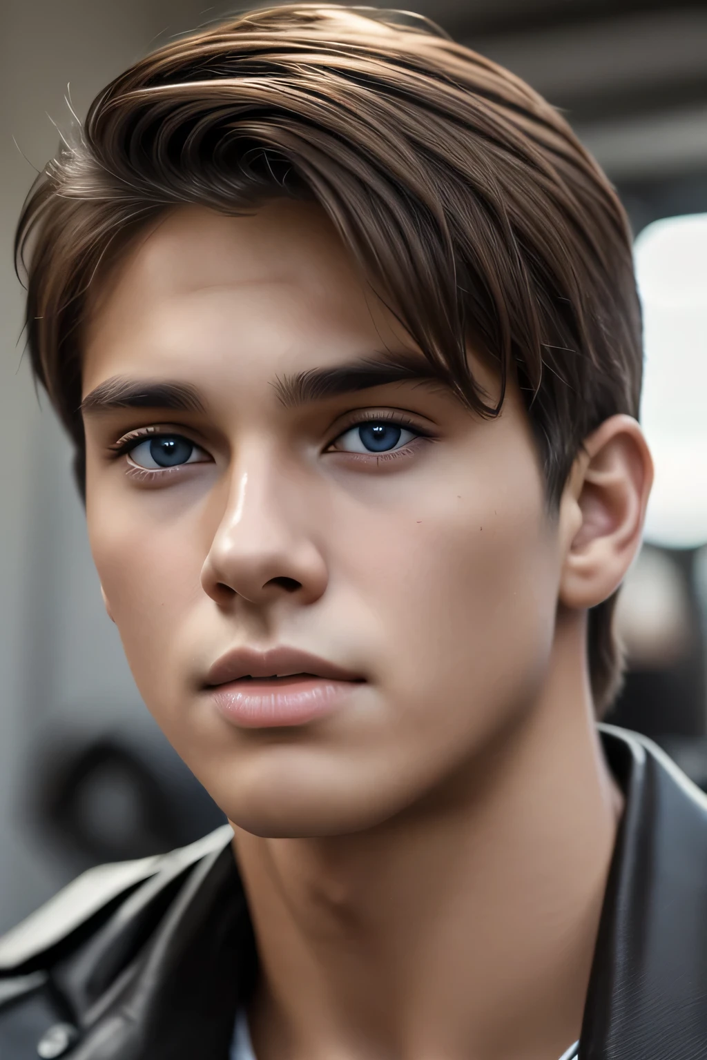 close up, Young man, dark brown hair, blue eyes, rough complexion, hot, cute, HD, portrait, cinematic still, movie still, movie scene, --niji 5 --ar 16:9