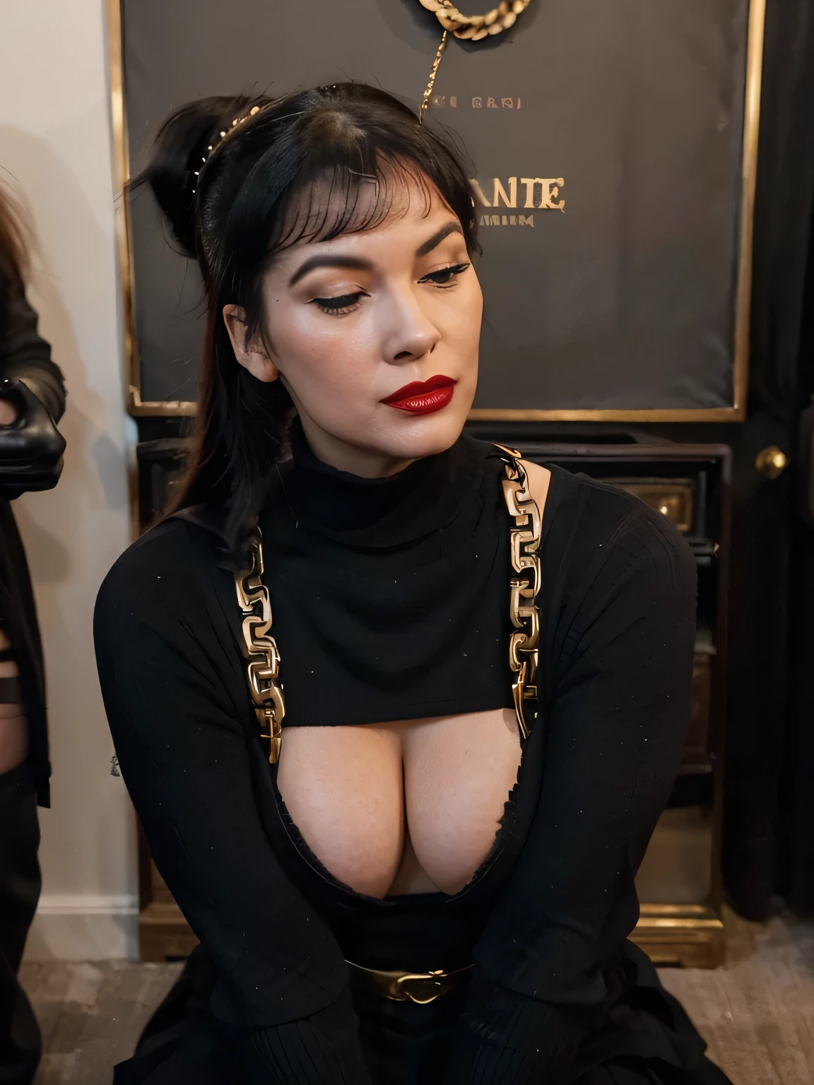 photo of a eyes closed office secretary bettie page at 35 years old ,(( red lipstick )) (( black ponytail hair)) ((Bettie has a black long maxi-skirt:1.2 and a black turtleneck sweater with a gold chain )), (( she is wearing his favorite black gloves )) (( black high knee boots)) ((it's very cold, and everyone is full dressed)) (( she is wearing his favorite black gloves )) (( she is having sex , on her knees in front of a young man, in a english antique office))