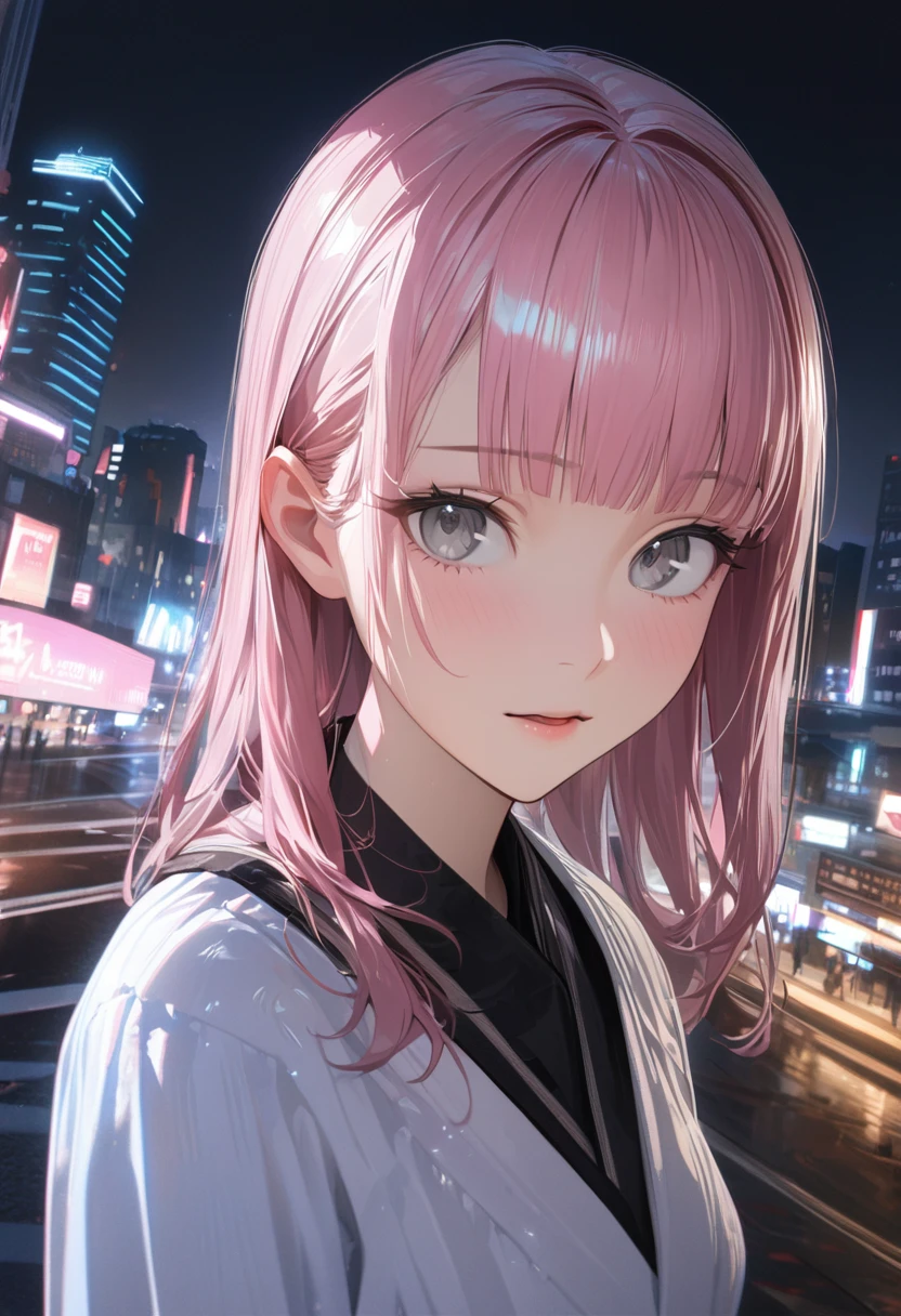 Anime Style, (master piece:1.4), (best quality:1.4), (ultra-detailed:1.4), (highres:1.4), (8k), (detailed light), ([[3d], (realistic): :0.49]:0.49), ([anime style:2d:0.49]:0.09), best quality, best quality, best quality, hires, Upper Body,18-year-old,Dynamic Angle,bangs,Grey Eyes, short, Chinaの緑の衣装, Pink Hair,  Grey Eyes,Wide-angle shot,Downtown at night,cyber-,,China