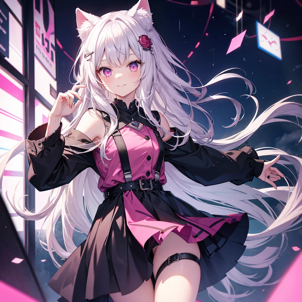 Center of chest,pretty girl,Cat ear,Beautiful silver hair,Pink inside,Beautiful pink eyes,black shirt,black skirt,dark,smile
