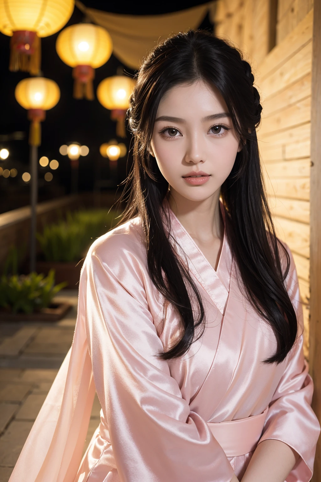 1 fashion model 18 years old [[[[close up]]]], [[[[neck]]]], [[[[Shoulder]]]], (((Complete head)))，(((Complete hairstyle)))，Perfect eyes, Perfect Iris，Perfect lips，Perfect Teeth，Perfect skin，White skin，Soft headlights，High-density imaging，Black long hair，（Clean and delicate face），((Pink Hanfu))，((Half-length photo))，((night))，((Chinese Lanterns))，((Various dynamic poses))，((The background is the bedroom))，best quality，masterpiece，（Soft colors：1.2）