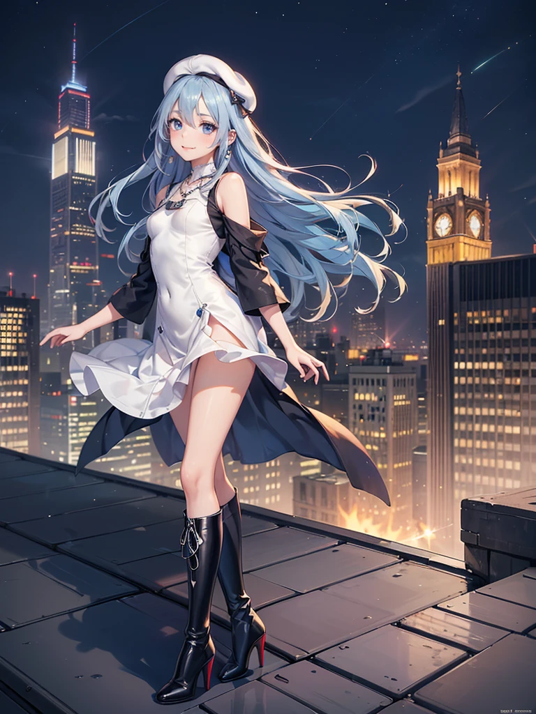 ((Biologically correct limb count)),(( From head to toe,Full-body photo including face)),4K,((Standing position)),masterpiece,((Focus on the face)),((Symmetrical facial features)),Eyes with detailed description,Beautiful woman,Great style,Beautiful arms,Beautiful legs,Beautiful Hands,(Small Ass,Thin thighs),Detailed depiction of the face,Small earrings,necklace,(Will ,dress((High heel long boots))),((evening,Looking out at the city from the school rooftop)),(((blue blonde))),Realistic photo,beret,Looking up,Look up