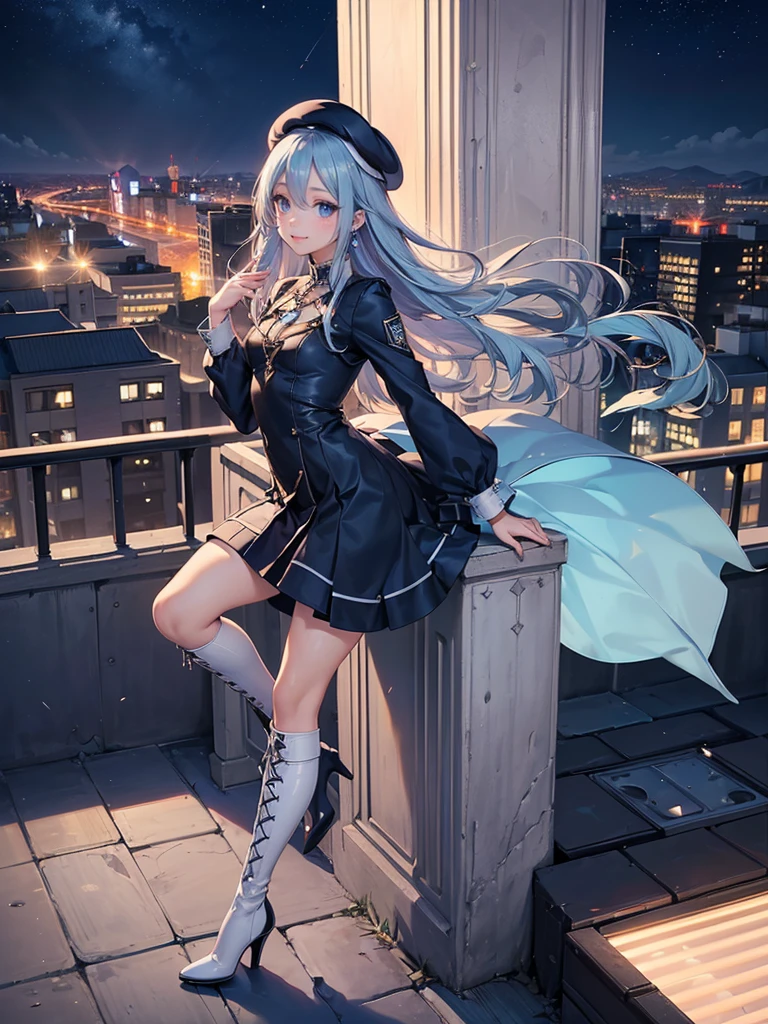 ((Biologically correct limb count)),(( From head to toe,Full-body photo including face)),4K,((Standing position)),masterpiece,((Focus on the face)),((Symmetrical facial features)),Eyes with detailed description,Beautiful woman,Great style,Beautiful arms,Beautiful legs,Beautiful Hands,(Small Ass,Thin thighs),Detailed depiction of the face,Small earrings,necklace,(Will ,dress((High heel long boots))),((evening,Looking out at the city from the school rooftop)),(((blue blonde))),Realistic photo,beret,Looking up,Look up