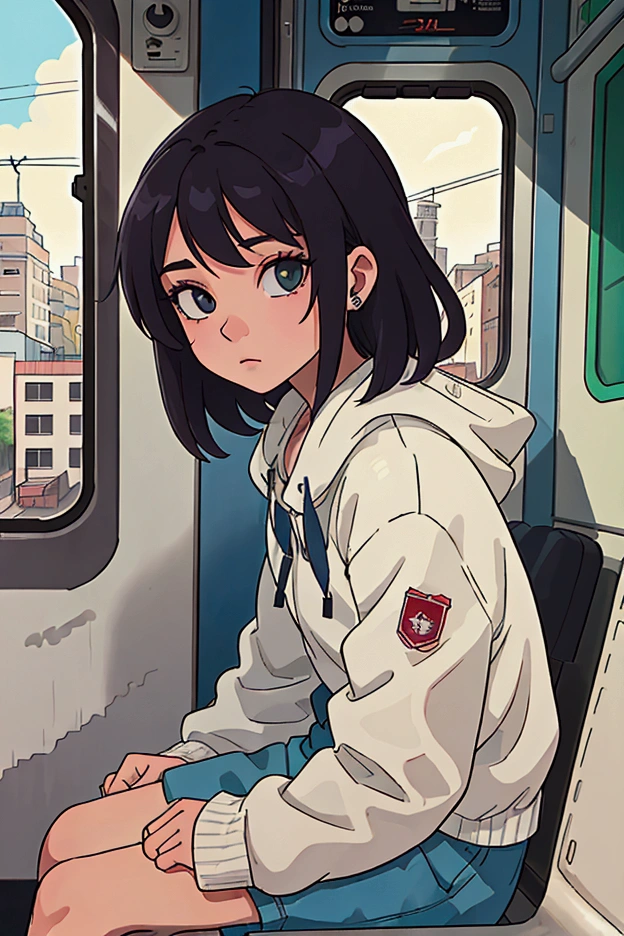 Someone is sitting on a train bench and looking out a window at the landscape passing by, Elogio Artstyle, Arte Lofi, lofi aesthetic, Lofi Sensation, Hip Hop Lofi, , Retrato Lofi, lo fi, arte lo-fi, vibe, badass vibes , cores , lofi girl aesthetic, Brazil, São Paulo, SP, city, banco do trem azul