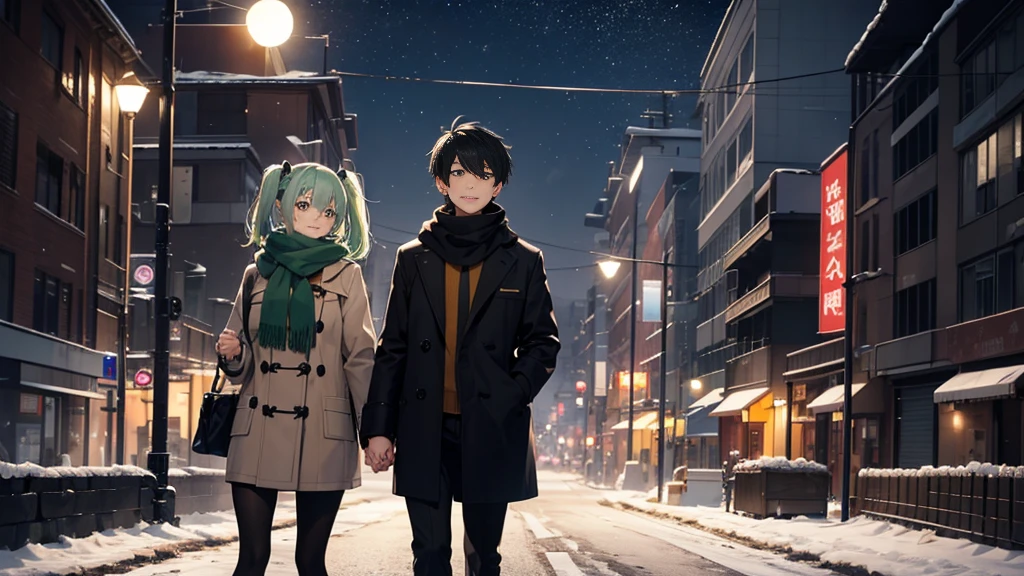 The background is a huge full moon in the middle of winter on my way home at night.。A couple walking side by side2shot。The woman has cute yellow-green hair in twin tails.、She is wearing a cute coat and scarf。The man is a handsome man with short black hair.、Wearing a duffle coat。The two of them look at each other with a sad smile.。