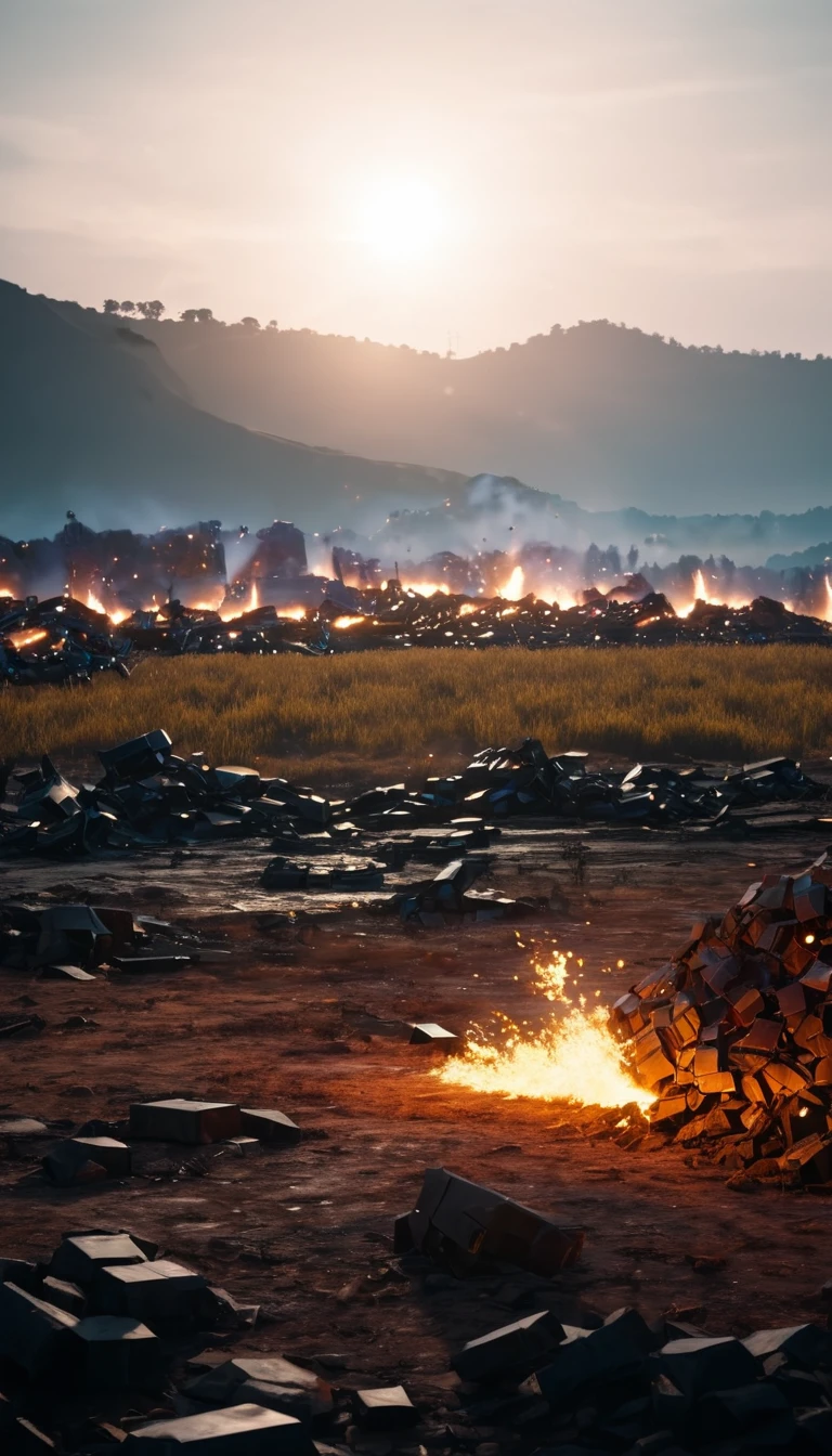 Landscape photo, no people, Marvel style battlefield, bright light and fire background, the scene of winning the great battle to save the world. Photo taken with Canon EOS R5 85mm f/11, ((sharp)) mode of people and surrounding scenery. Image quality ((8K)), ((realistic)), ((masterpiece)), ((sharpest and highest contrast)), ((excellent depth of field)), ((stereoscopic light)), ((cinema light))