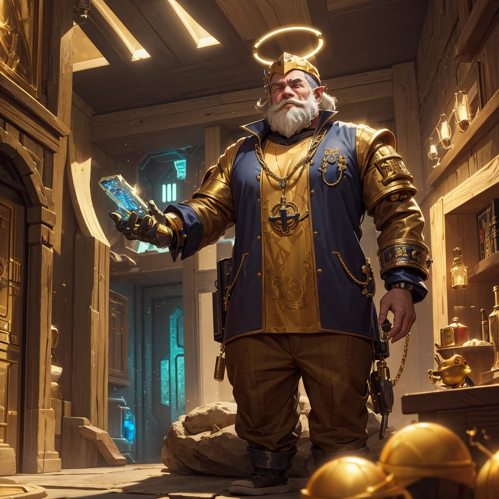 A cybernetic gnome with technological improvements, he carries gold and precious stones, is in a room full of riches. The gnome has a lot of gold. Extremely detailed image