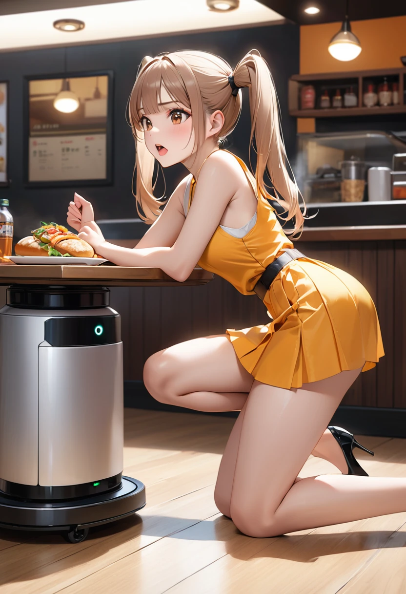 Highest quality, masterpiece, Ultra-high resolution, Realistic:1.2, RAW Photos, Intricate details, Portraiture, Big beautiful brown eyes:1.2, Perfect contours, Perfect proportions:1.2, ((A food delivery robot and a girl)), break ((full body:1.2, ((from side:1.2)), (front shot:1.2), looking away:1.2)), ((petite, short, tiny girl:1.2)), Light Brown Hair、((long hair, twintails:1.2)), (makeup:1.2, full lips:1.3, pink lips:1.3, shiny lips:1.3, parted lips:1.2), (Talk to a food delivery robot:1.2), ((Silk sleeveless shirt:1.2, Silk skirt, Low heels)), break ((Raise your arms parallel to each other、Kneeling on the floor、Leaning forward:1.2))、(Angry expression:1.2、Open your mouth to the middle), (The background is a family restaurant:1.2、Several guests are dining), (empty-handed)