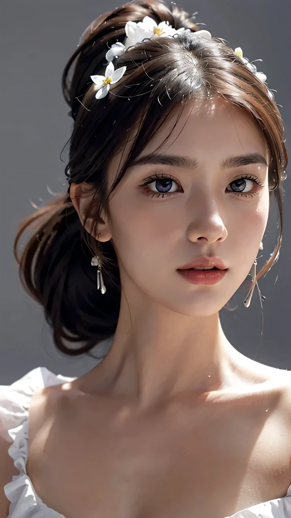 Close up face,Orange  Sleeveless Dress Style,Frilly dress,ruffled edges, layered,Accessories: Flower hairpiece, ribbon, fitted body,Commercials for luxury cosmetics style,Commercial filming studio,The background is all gray,Body in front,fully body photo,masutepiece, The highest image quality, High quality, the background is clear,Beautiful woman, Japanese, Detailed, Ultra-detailed, finely detail, hight resolution, 8K Wallpaper, Perfect dynamic composition, Beautiful detailed eyes ,Detailed eyes, Detailed skin, Beautiful skin, 超hight resolution, (reality: 1.4),Very beautiful woman, Slightly younger face, Beautiful skin, slender, (Ultra photo realsisim), (hight resolution), (8K), (Very detailed) (beautifully detailed eyes), (super detailed),   (Detailed face), view the viewer, Fine details, Detailed face, Staring straight ahead, Staring straight ahead, photos realistic, Bright lighting, Professional Lighting, Black hair,poneyTail,a baby face,sixteen years old,Hairstyle: ponytail,Long ponytail hairstyle,slight smile,
