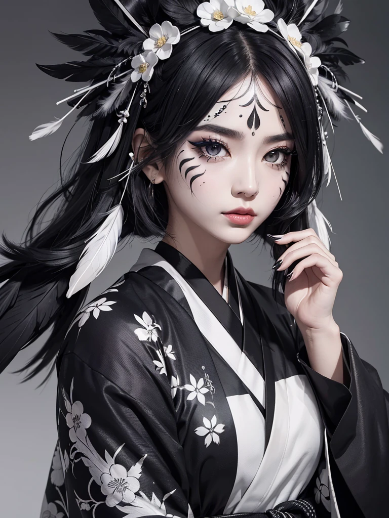 black and white kimono、There are many black feathers on the head,,,、Black eyeliner and black eye shadow、detailed face、detailed facial expression、shoot from the waist up、dynamic pose、colorful makeup、cool face paint、