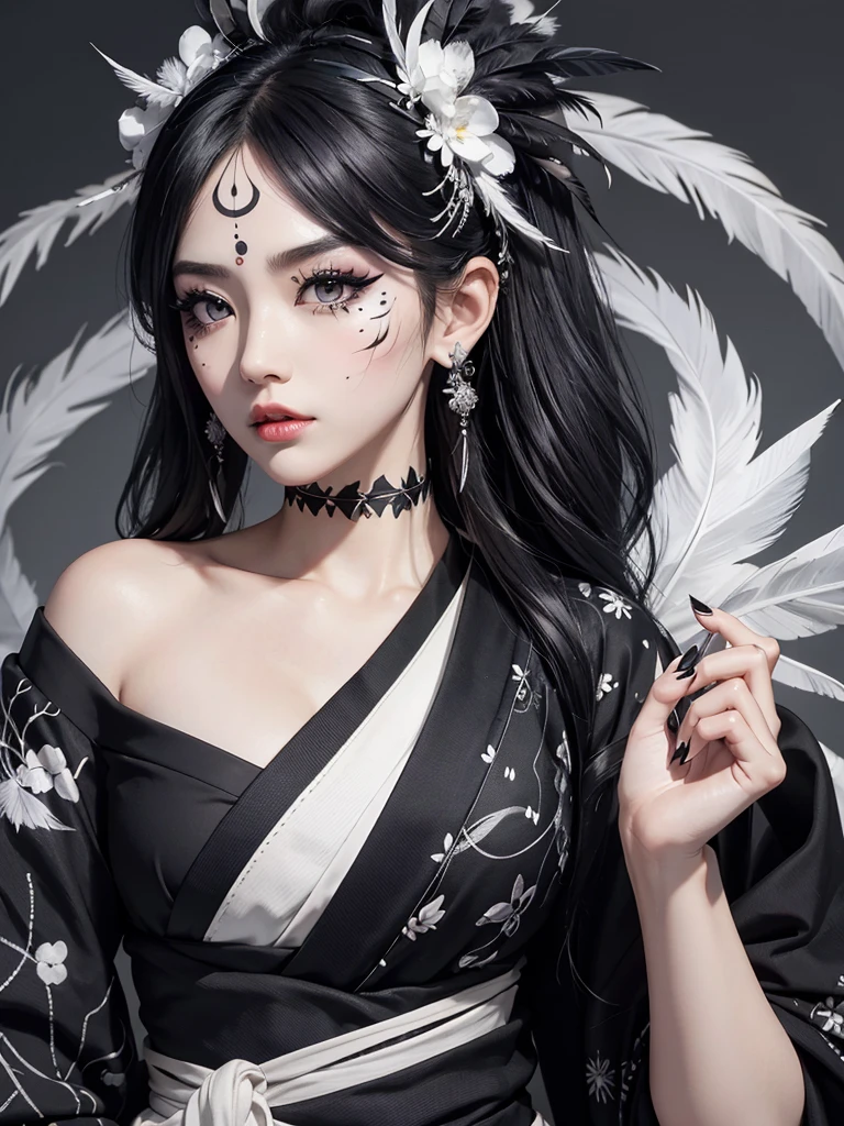 black and white kimono、There are many black feathers on the head,,,、Black eyeliner and black eye shadow、detailed face、detailed facial expression、shoot from the waist up、dynamic pose、colorful makeup、cool face paint、