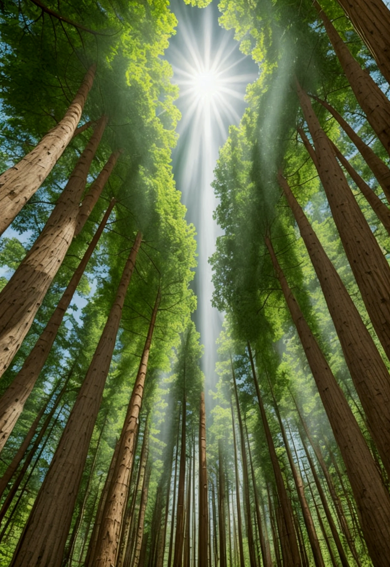 a dense forest of tall trees, sunlight streaming through the branches, lush green foliage filling the frame, detailed textures and patterns in the wood, vibrant colors, photoreal quality, intricate details, dramatic lighting, sun in the center of the composition