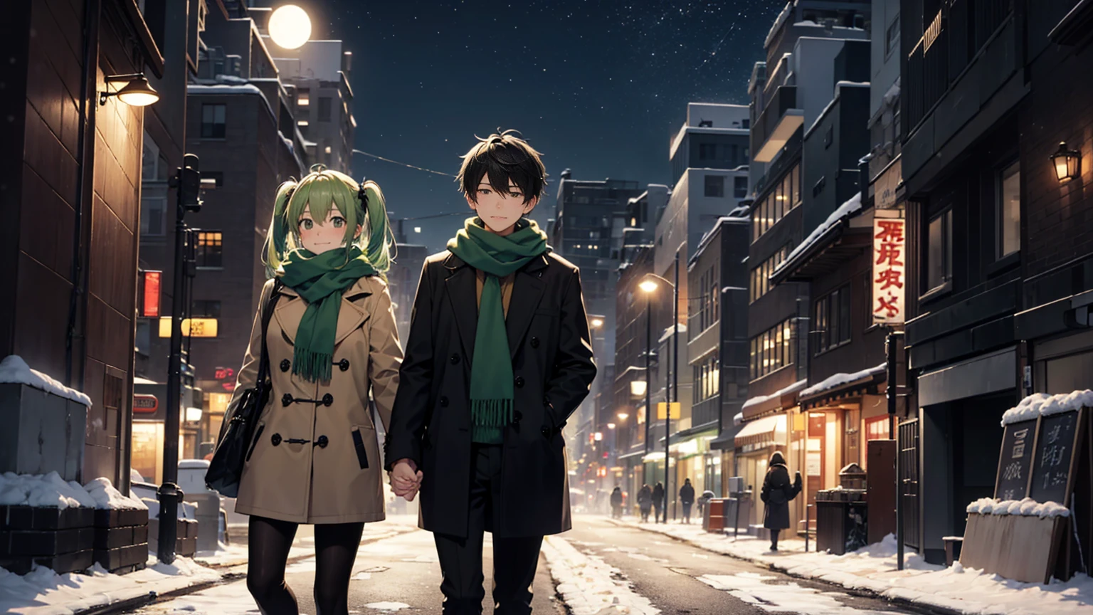 The background is a huge full moon in the middle of winter on my way home at night.。A couple walking side by side２shot。The woman has cute yellow-green hair in twin tails.、She is wearing a cute coat and scarf。The man is a handsome man with short black hair.、Wearing a duffle coat。The two of them look at each other with a sad smile.。