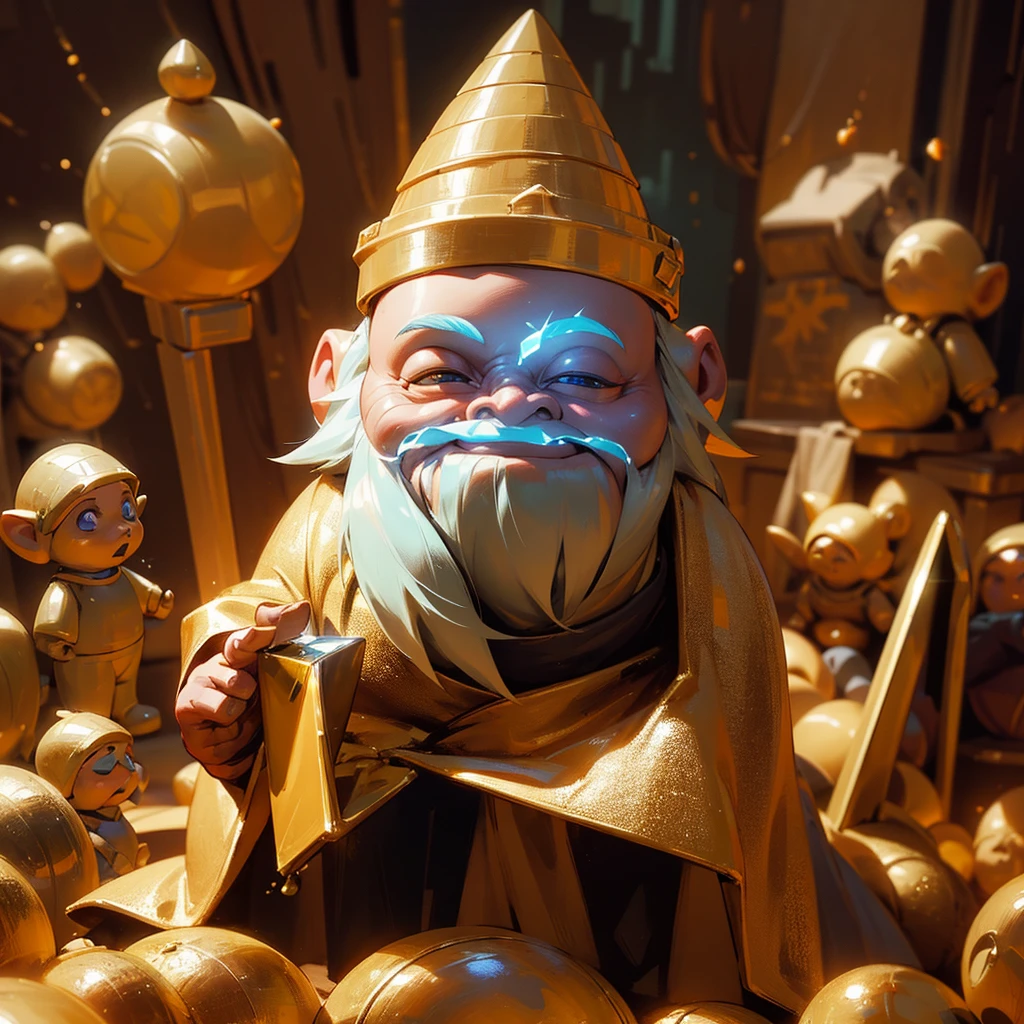A cybernetic gnome with technological improvements, he carries gold and precious stones, is in a room full of riches. The gnome has a lot of gold. Extremely detailed image