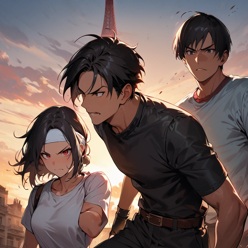 masterpiece, 2 people, ツーshot, Highest quality, 8k, Full Hand Portrait, Action pose, Fight Scene： 1. 5,(kyo kusanagi), Man has black skin、Red eyes、One person、((White headband))ツーshot、Black jacket（Roll up your sleeves）、Fingerless gloves、Black Hair、White T-shirt、Black trousers、White shoes、Brown belt、((kyo kusanagi fighting woman with same clothes and hairstyle))boyish、 good looking, shot, Charming, masterpiece, High resolution, Detailed face, Fine grain, morning, A confident smile, Man and woman fighting with the Eiffel Tower in the background, same hairstyle and clothes, Angry men and women, Angry face, same hairstyle and clothes： 1. Attack Speed 5, Fast Attack, Angry face, Angry face