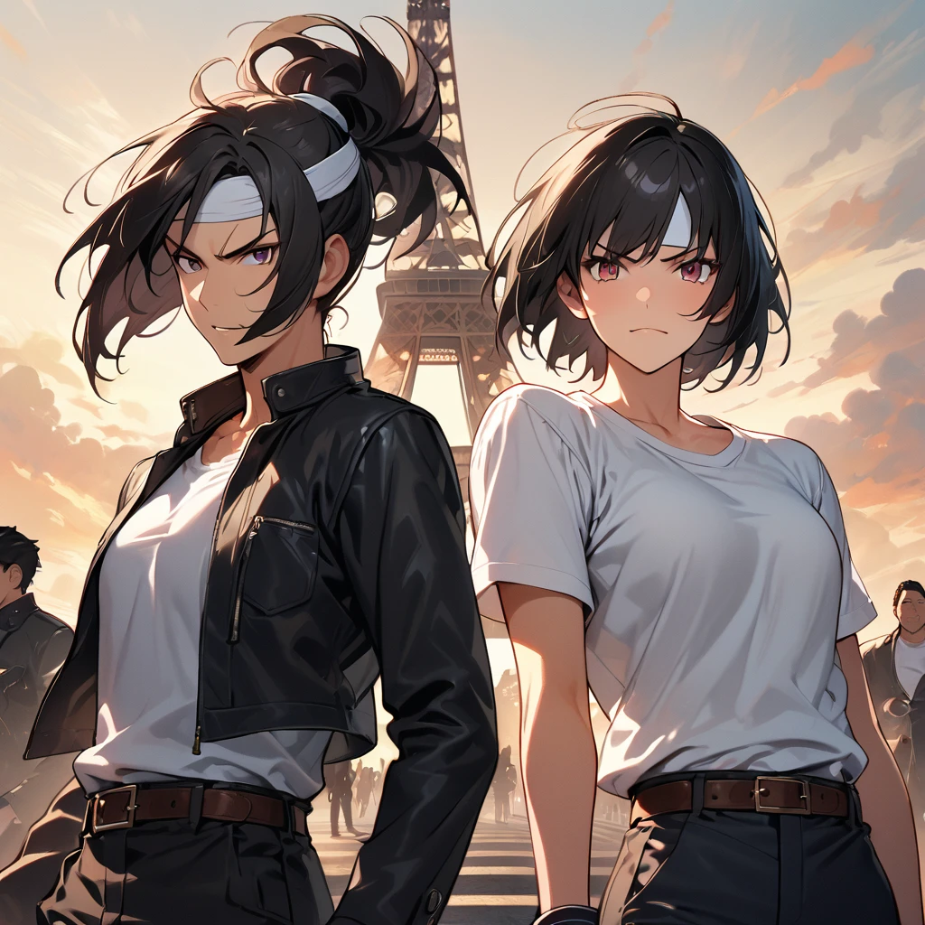 masterpiece, 2 people, ツーshot, Highest quality, 8k, Full Hand Portrait, Action pose, Fight Scene: 1. 5,(kyo kusanagi), Man has black skin、Red eyes、One person、((White headband))ツーshot、Black jacket(Roll up your sleeves)、Fingerless gloves、Black Hair、White T-shirt、Black trousers、White shoes、Brown belt、((kyo kusanagi fighting woman with same clothes and hairstyle))boyish、 good looking, shot, Charming, masterpiece, High resolution, Detailed face, Fine grain, morning, A confident smile, Man and woman fighting with the Eiffel Tower in the background, same hairstyle and clothes, Angry men and women, Angry face, same hairstyle and clothes: 1. Attack Speed 5, Fast Attack, Angry face, Angry face