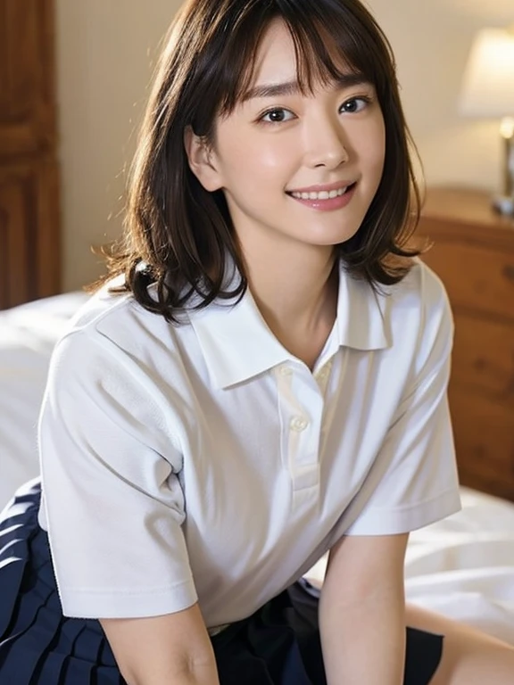 (Masterpiece, Best quality: 1.2), (Aerial shot: 1.3), (From side: 1.2), Looking at viewer, Natural light, 20 years old actress, Japanese women, Neat and clean, ((Wearing white tennis uniform, White short sleeve polo shirt with collar, Not buttoning the polo shirt, Dark navy line on the collar of the polo shirt, White tennis Skirt, White pleated skirt: 1.2)), (High ponytail: 1.2) Medium wavy hair, (Beautiful Face), Glossy brown hair color, clear, (Beautiful detailed eyes, Kind eyes), (Clear skin), Small face, Beautiful small mouth, no makeup, Approachable, Hotel rooms, On bed, White socks, Seductive smile, Seductive pose,