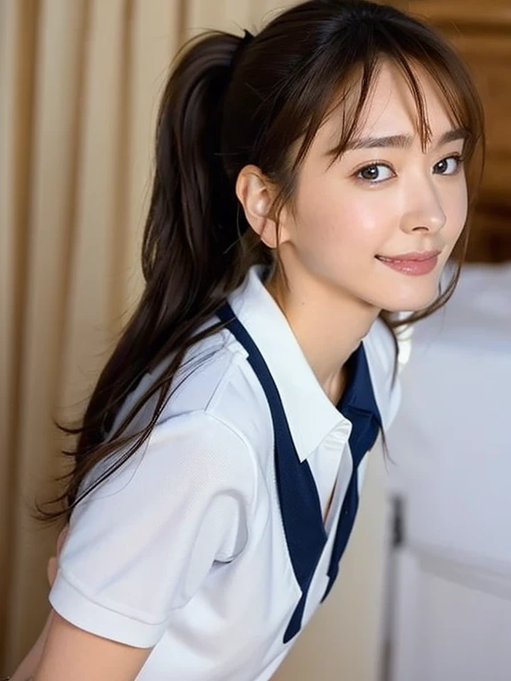 (Masterpiece, Best quality: 1.2), (Aerial shot: 1.3), (From side: 1.2), Looking at viewer, Natural light, 20 years old actress, Japanese women, Neat and clean, ((Wearing white tennis uniform, White short sleeve polo shirt with collar, Not buttoning the polo shirt, Dark navy line on the collar of the polo shirt, White tennis Skirt, White pleated skirt: 1.2)), (High ponytail: 1.2) Medium wavy hair, (Beautiful Face), Glossy brown hair color, clear, (Beautiful detailed eyes, Kind eyes), (Clear skin), Small face, Beautiful small mouth, no makeup, Approachable, Hotel rooms, On bed, White socks, Seductive smile, Seductive pose,