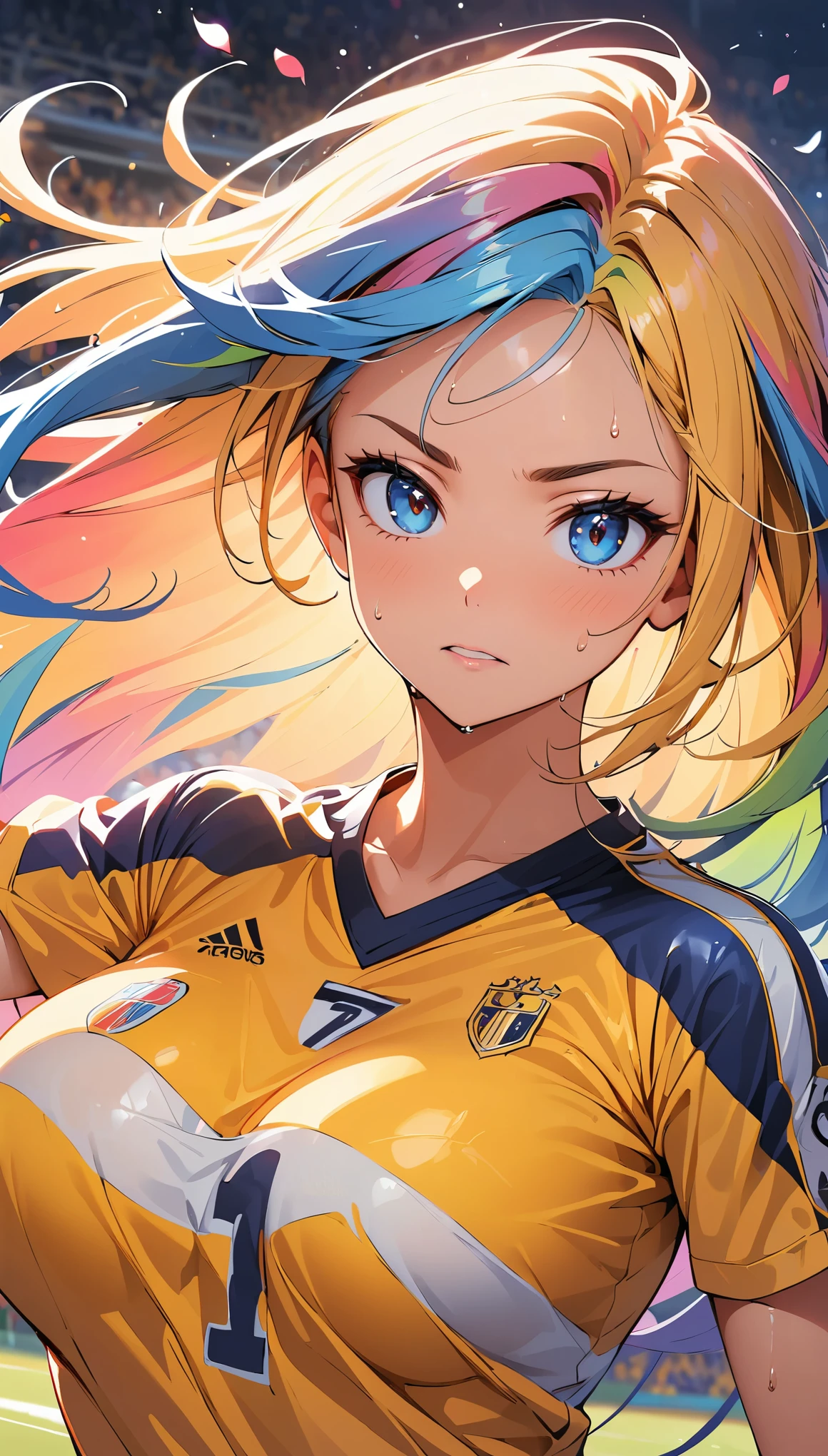 Highest quality, Great quality, 16K, Unbelievably absurd, Very detailed, delicate and dynamic, Natural light, The particles reflect light, Diffuse reflection of light, Many rainbow-colored petals fall, Beautiful football field, Sparkling Sun, Diffuse reflection of light, Create amazing image effects, , Wet, sweating, she is playing football, Close-up(Cute sexy girl, big bouncing busts, Sensual expression, Cool girl, Serious, passion, Dynamic, Flashy football wear, ,audience , much-air-laden cheer)