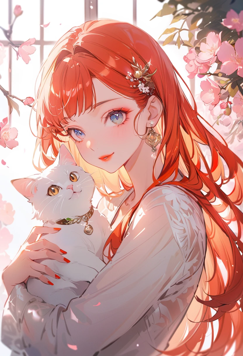 (Highest quality,Very detailed,High resolution:1.2),beautiful woman with perfect face,very_Long eyelashes, Detailed lips, A radiant smile, Soft Skin, Shiny Hair,Exquisite makeup,Heavy bangs,Red Hair, Hug a cat
