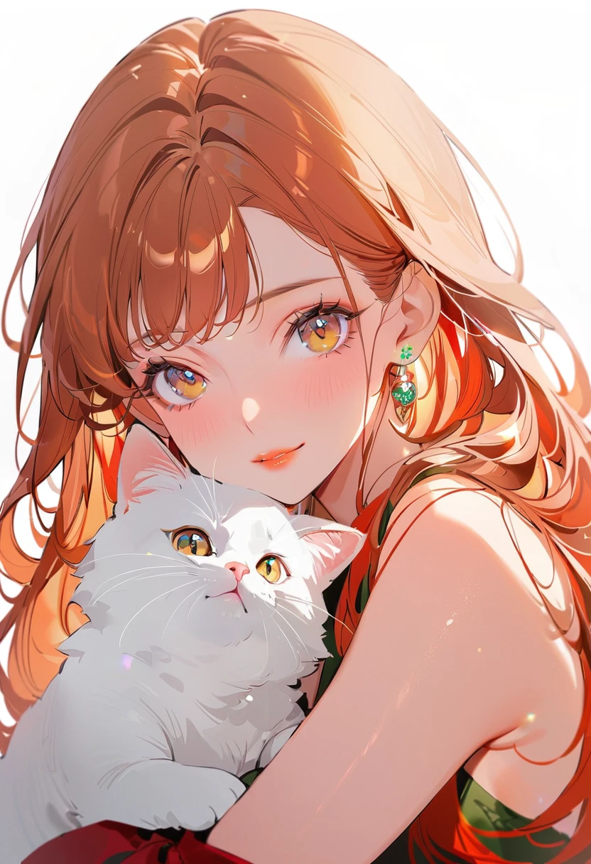 (Highest quality,Very detailed,High resolution:1.2),beautiful woman with perfect face,very_Long eyelashes, Detailed lips, A radiant smile, Soft Skin, Shiny Hair,Exquisite makeup,Heavy bangs，Red Hair, Hug a cat