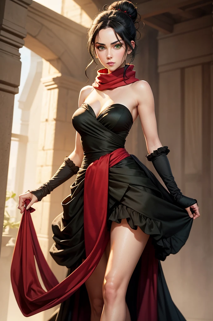 fullbody view, female, intense green eyes, black hair tied to a bun, strapless full dress, red scarf around her neck, flowy arm sleeves, silk gloves, a fabric is wrapped around her waist