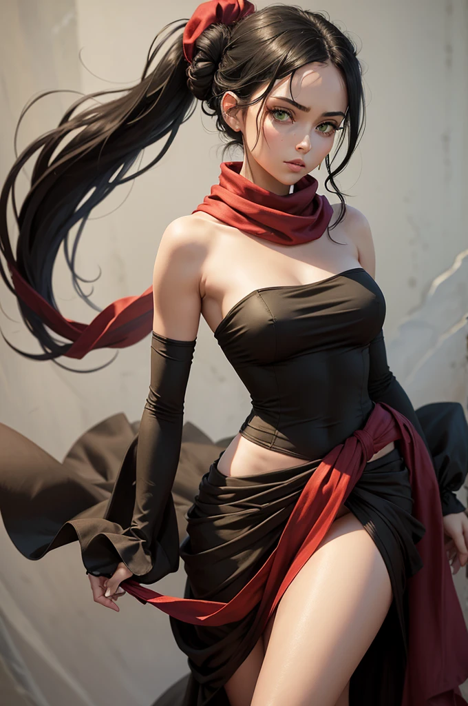 fullbody view, female, intense green eyes, black hair tied to a bun, strapless full dress, red scarf around her neck, flowy arm sleeves, silk gloves, a fabric is wrapped around her waist