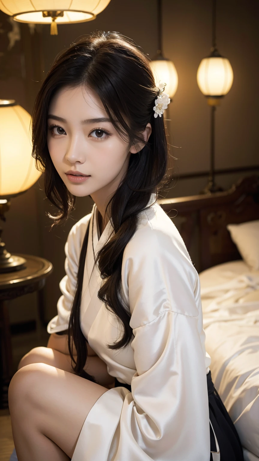 1 fashion model 18 years old [[[[close up]]]], [[[[neck]]]], [[[[Shoulder]]]], (((Complete head)))，(((Complete hairstyle)))，Perfect eyes, Perfect Iris，Perfect lips，Perfect Teeth，Perfect skin，White skin，Soft headlights，High-density imaging，Black long hair，（Clean and delicate face），((Black Hanfu))，((Half-length photo))，((night))，((Chinese Lanterns))，((Various dynamic poses))，((The background is the bedroom))，best quality，masterpiece，（Soft colors：1.2）