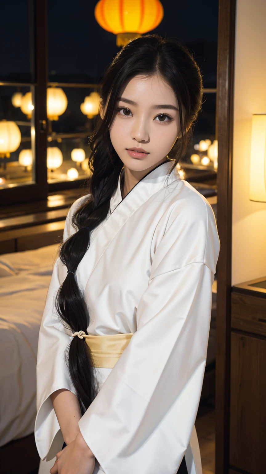 1 fashion model 18 years old [[[[close up]]]], [[[[neck]]]], [[[[Shoulder]]]], (((Complete head)))，(((Complete hairstyle)))，Perfect eyes, Perfect Iris，Perfect lips，Perfect Teeth，Perfect skin，White skin，Soft headlights，High-density imaging，Black long hair，（Clean and delicate face），((Black Hanfu))，((Half-length photo))，((night))，((Chinese Lanterns))，((Various dynamic poses))，((The background is the bedroom))，best quality，masterpiece，（Soft colors：1.2）