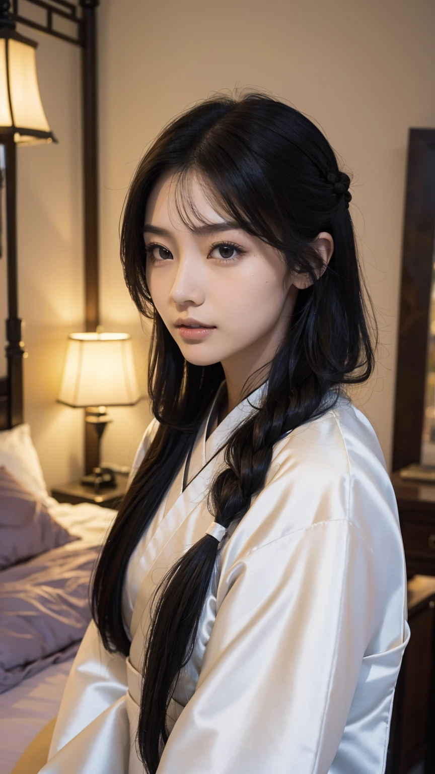 1 fashion model 18 years old [[[[close up]]]], [[[[neck]]]], [[[[Shoulder]]]], (((Complete head)))，(((Complete hairstyle)))，Perfect eyes, Perfect Iris，Perfect lips，Perfect Teeth，Perfect skin，White skin，Soft headlights，High-density imaging，Black long hair，（Clean and delicate face），((Black Hanfu))，((Half-length photo))，((night))，((Chinese Lanterns))，((Various dynamic poses))，((The background is the bedroom))，best quality，masterpiece，（Soft colors：1.2）