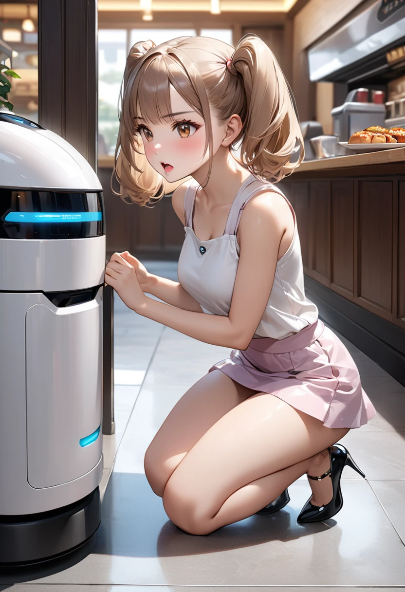 Highest quality, masterpiece, Ultra-high resolution, Realistic:1.2, RAW Photos, Intricate details, Portraiture, Big beautiful brown eyes:1.2, Perfect contours, Perfect proportions:1.2, ((A girl faces a food delivery robot:1.2)), break ((full body:1.2, ((from side:1.2)), (front shot:1.2), looking away:1.2)), ((petite, short, tiny girl:1.2)), Light Brown Hair、((long hair, twintails:1.2)), (makeup:1.2, full lips:1.3, pink lips:1.3, shiny lips:1.3, parted lips:1.2), (Talk to a food delivery robot:1.2), ((Silk sleeveless shirt:1.2, Silk skirt, Low heels)), break ((Raise your arms parallel to each other、Kneeling on the floor、Leaning forward:1.2))、(Angry expression:1.2、Open your mouth to the middle), (The background is a family restaurant:1.2、Several guests are dining), (empty-handed)