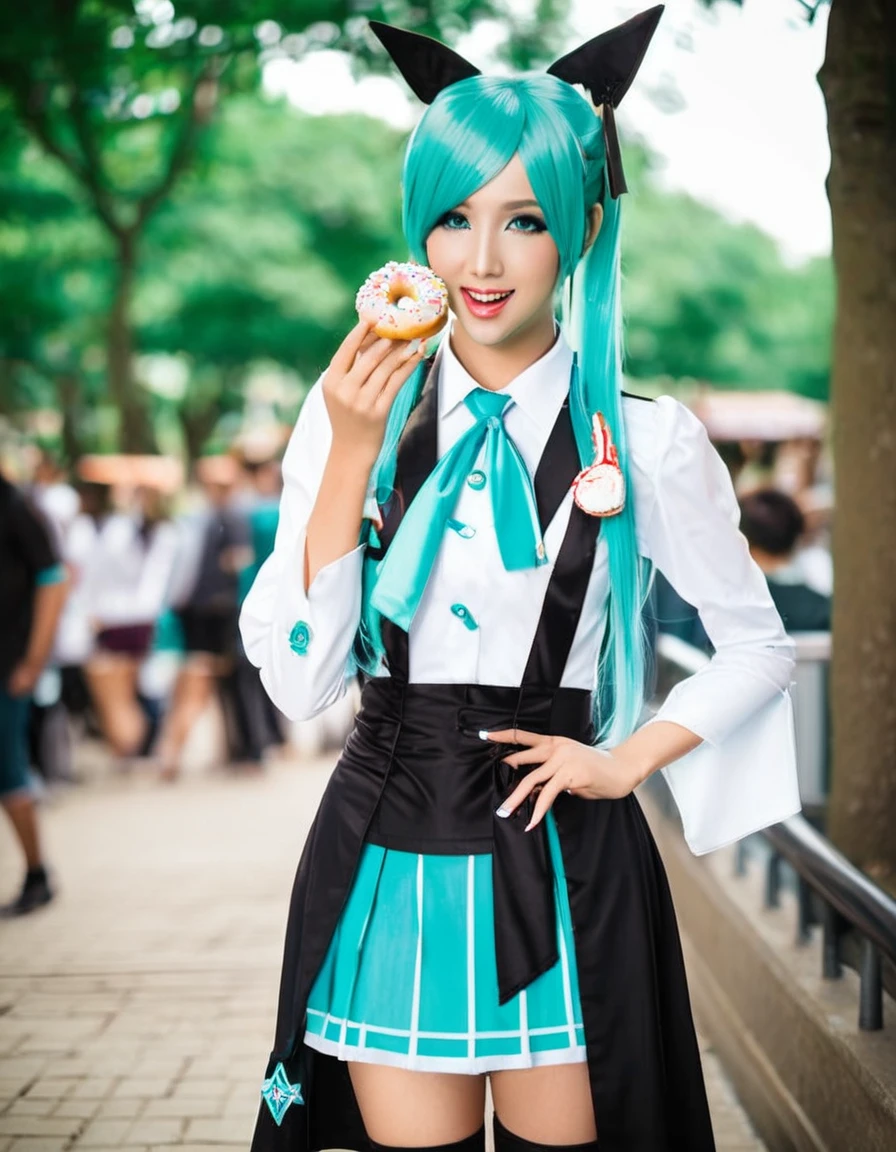 A very handsome Hatsune Miku cosplayer eating a donut