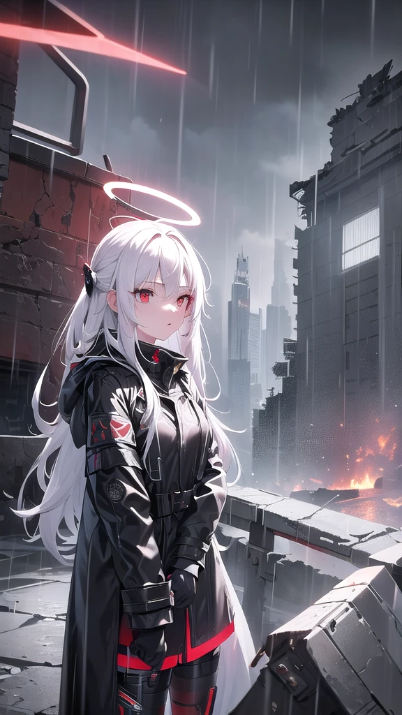 masterpiece, best quality, 1girl, red eyes, white hair, mechanical legs, raincoat, black gloves, black coat, raining, sky, ruins, rifle, headset, rubble, android, long hair, halo,
